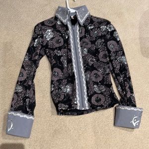 Western show shirt: Black & gray with silver glittered accents size small, zips
